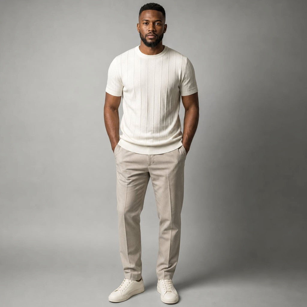 Torven | Fit Shirt Ribbed Crew Neck Tee Vertical Knit Slim Cut Cream – Full Look