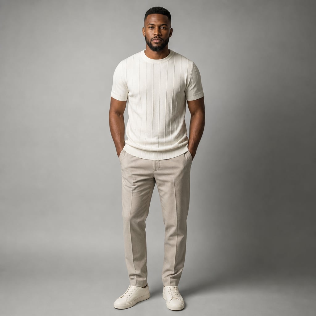 Torven | Fit Shirt Ribbed Crew Neck Tee Vertical Knit Slim Cut Cream – Full Look