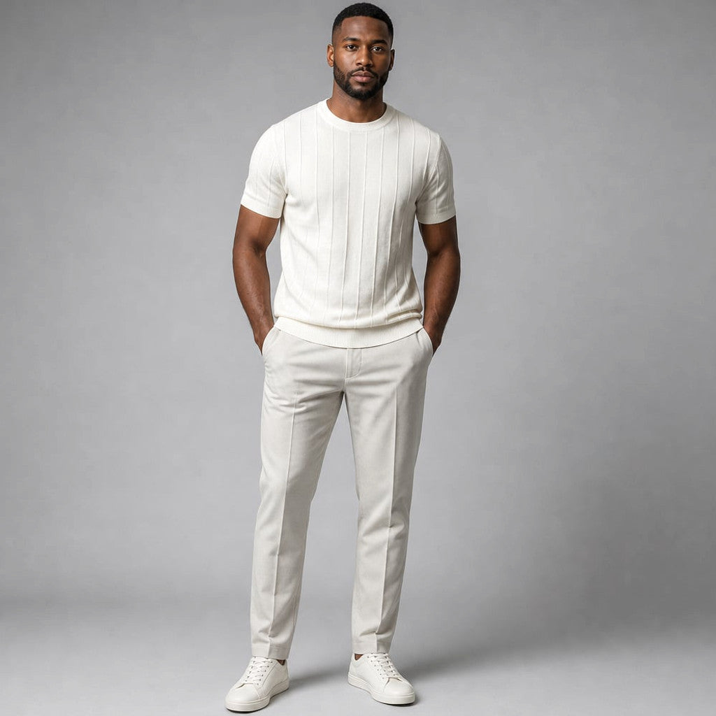 Torven | Fit Shirt Ribbed Crew Neck Tee Vertical Knit Slim Cut Cream – Full Look