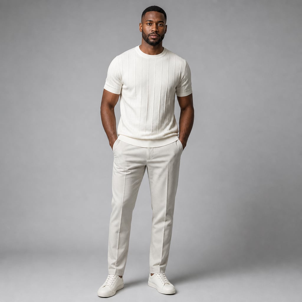 Torven | Fit Shirt Ribbed Crew Neck Tee Vertical Knit Slim Cut Cream – Full Look
