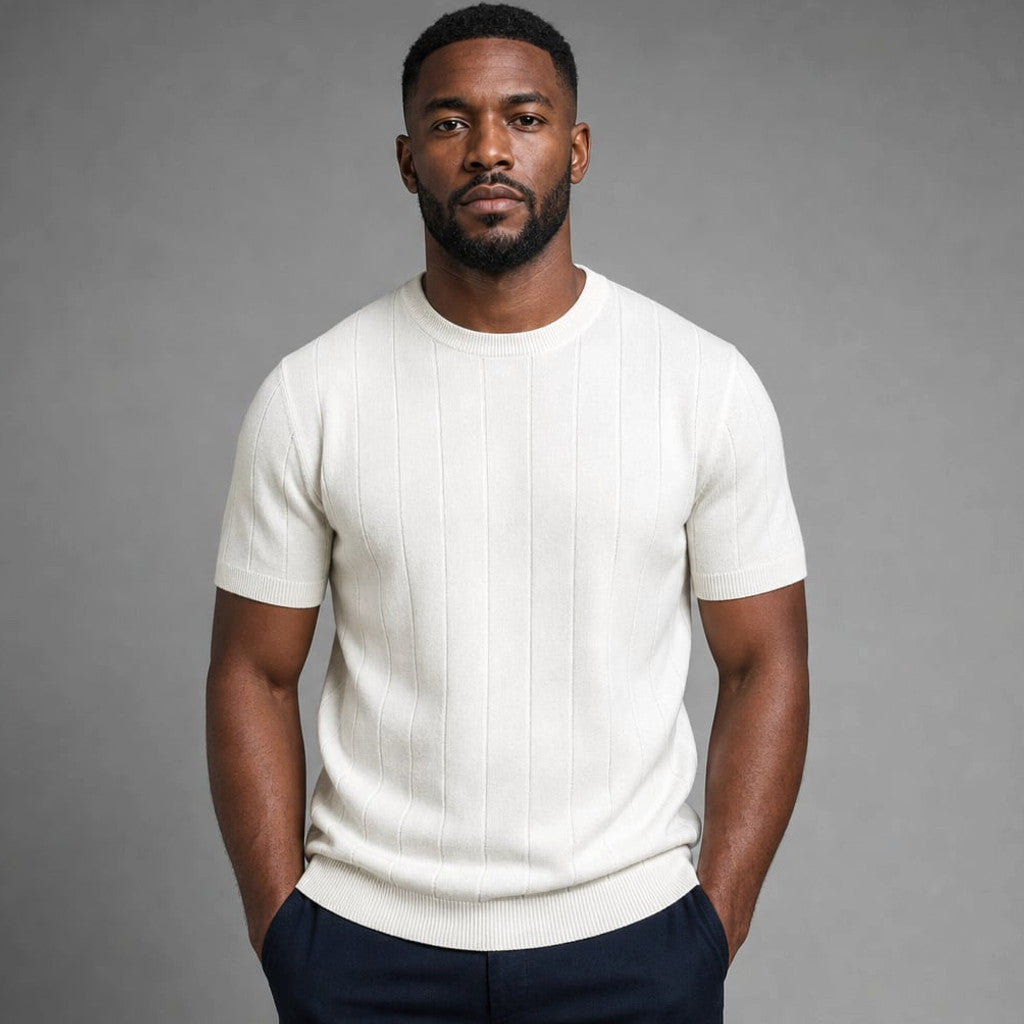 Torven | Fit Shirt Ribbed Crew Neck Tee Vertical Knit Slim Cut in Cream – Tomosino Premium Menswear