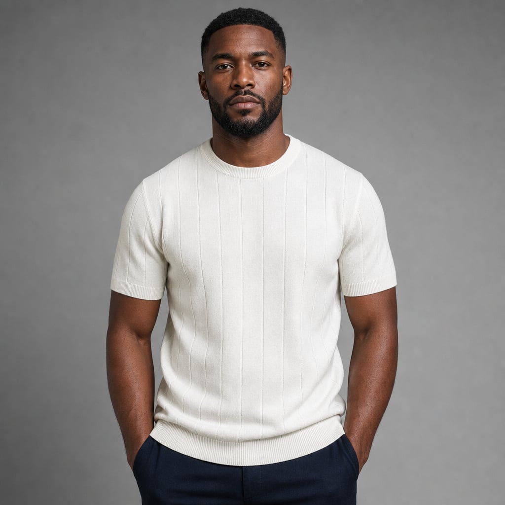 Torven | Fit Shirt Ribbed Crew Neck Tee Vertical Knit Slim Cut in Cream – Tomosino Premium Menswear