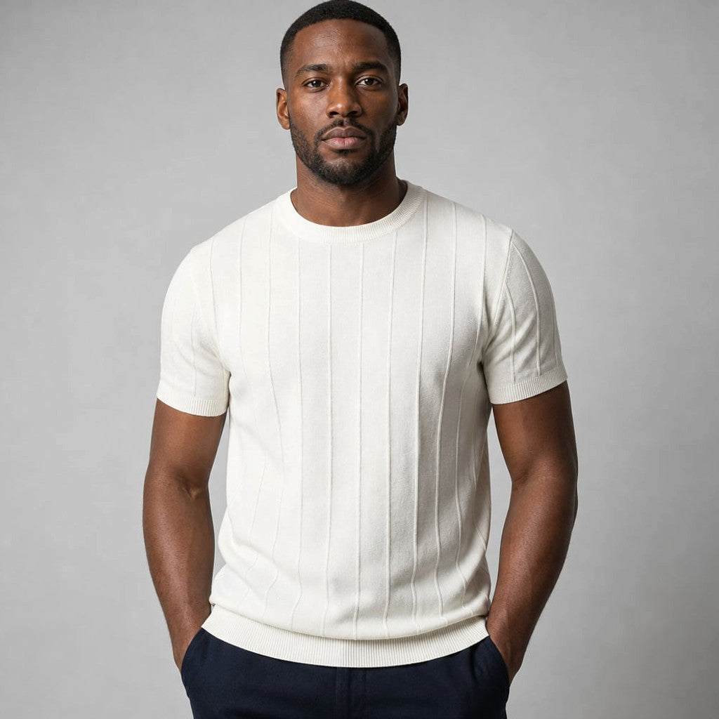 Torven | Fit Shirt Ribbed Crew Neck Tee Vertical Knit Slim Cut in Cream – Tomosino Premium Menswear