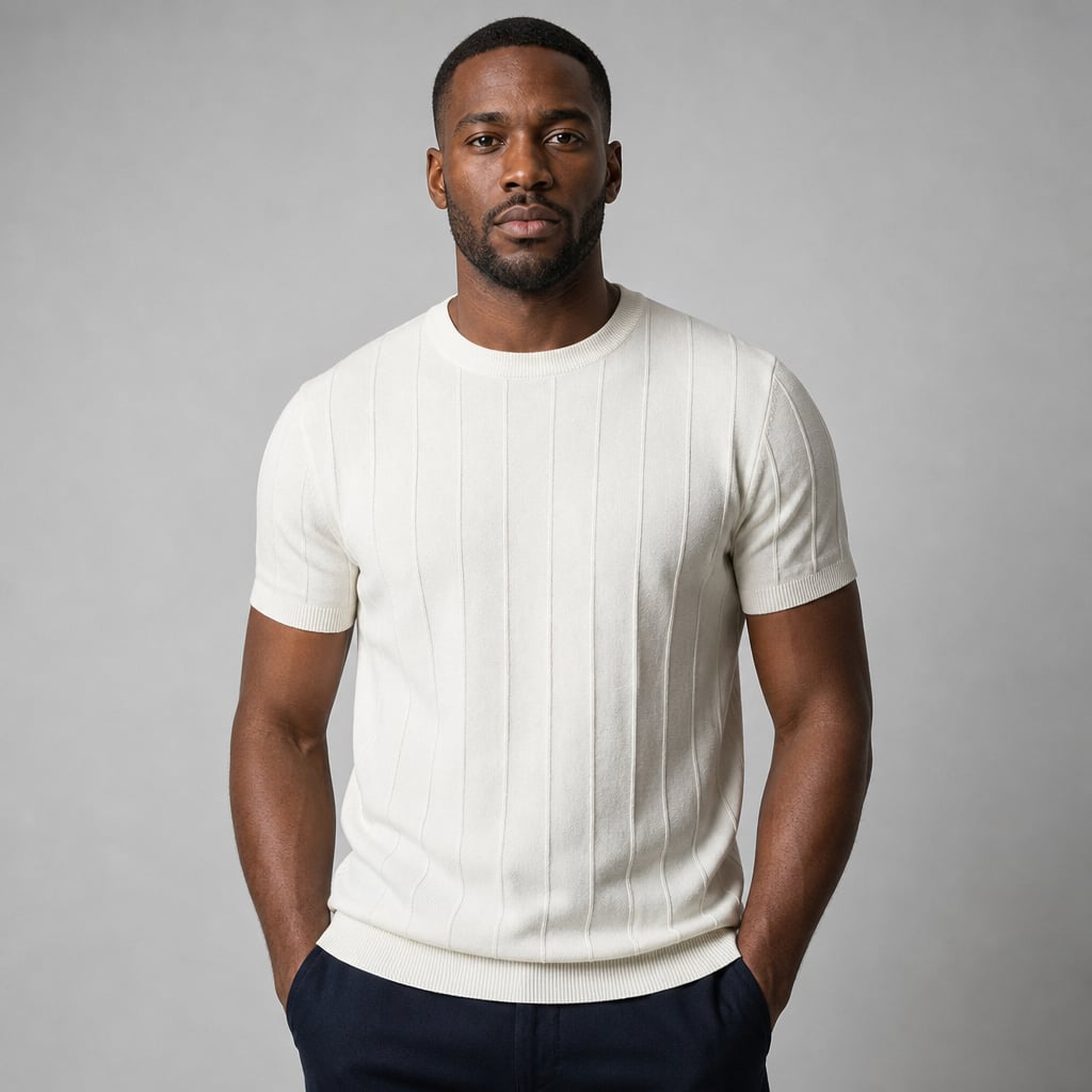 Torven | Fit Shirt Ribbed Crew Neck Tee Vertical Knit Slim Cut in Cream – Tomosino Premium Menswear