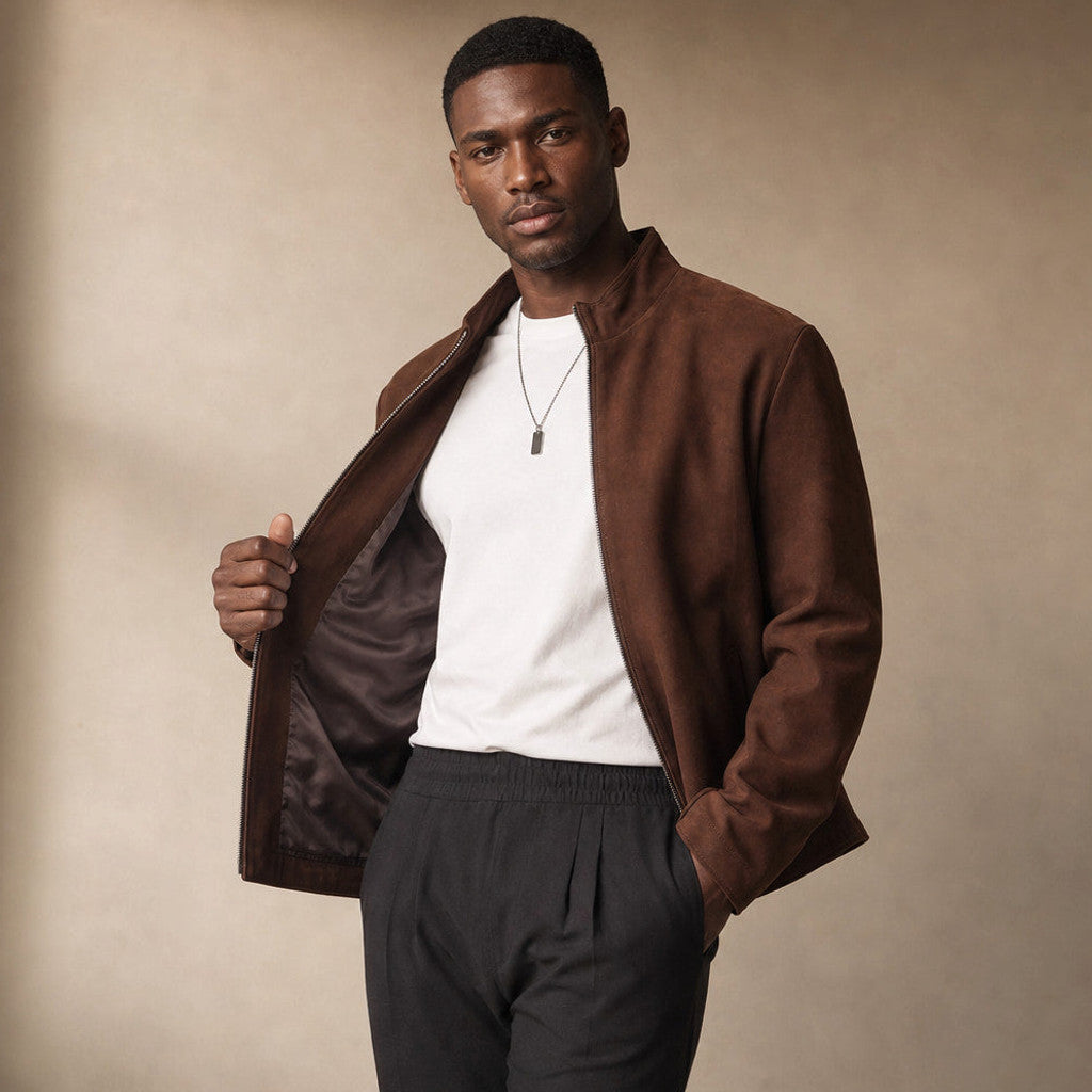 Vallis | Biker Jacket Suede Dark Brown – Side Angle View