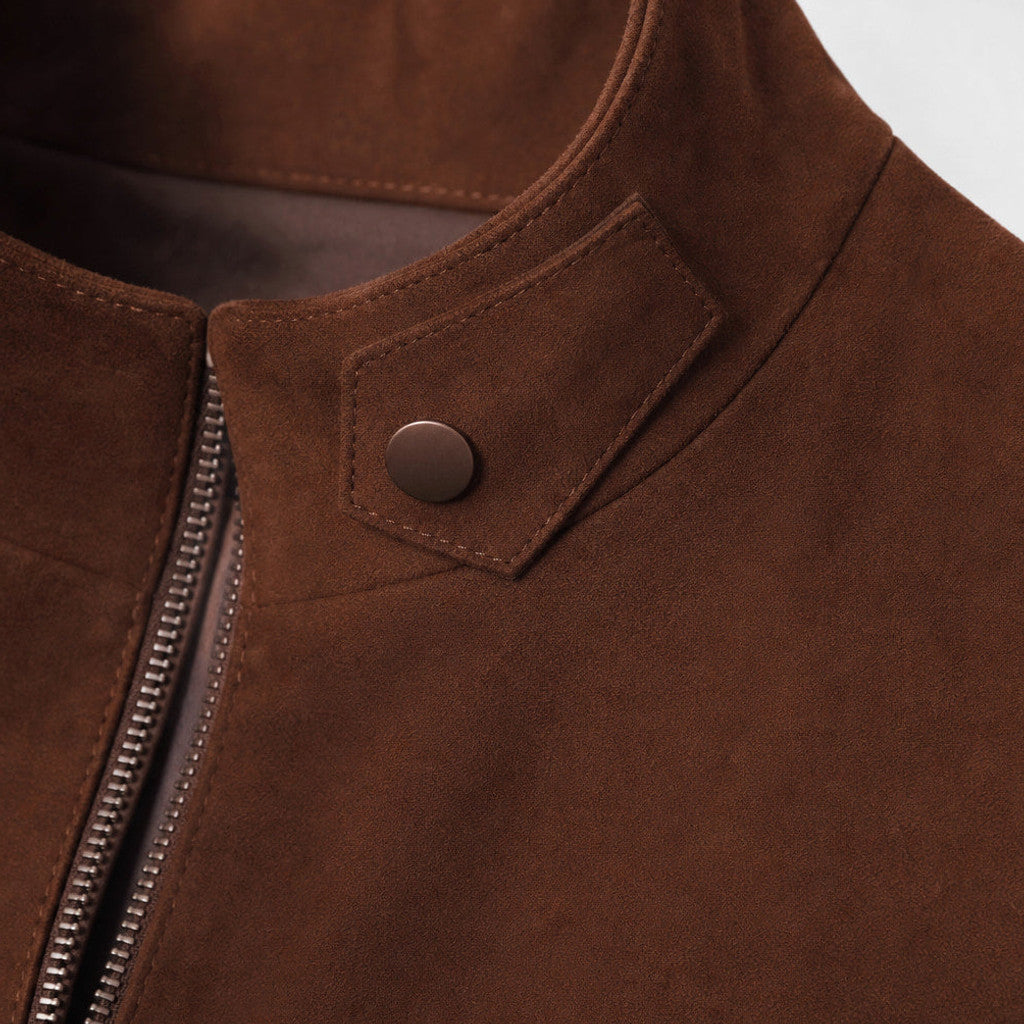 Vallis | Biker Jacket Suede Dark Brown – Fabric and Detail Close-Up