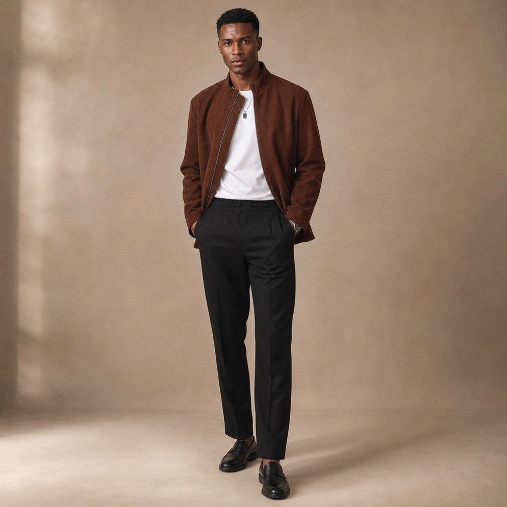 Vallis | Biker Jacket Suede Dark Brown – Full Look