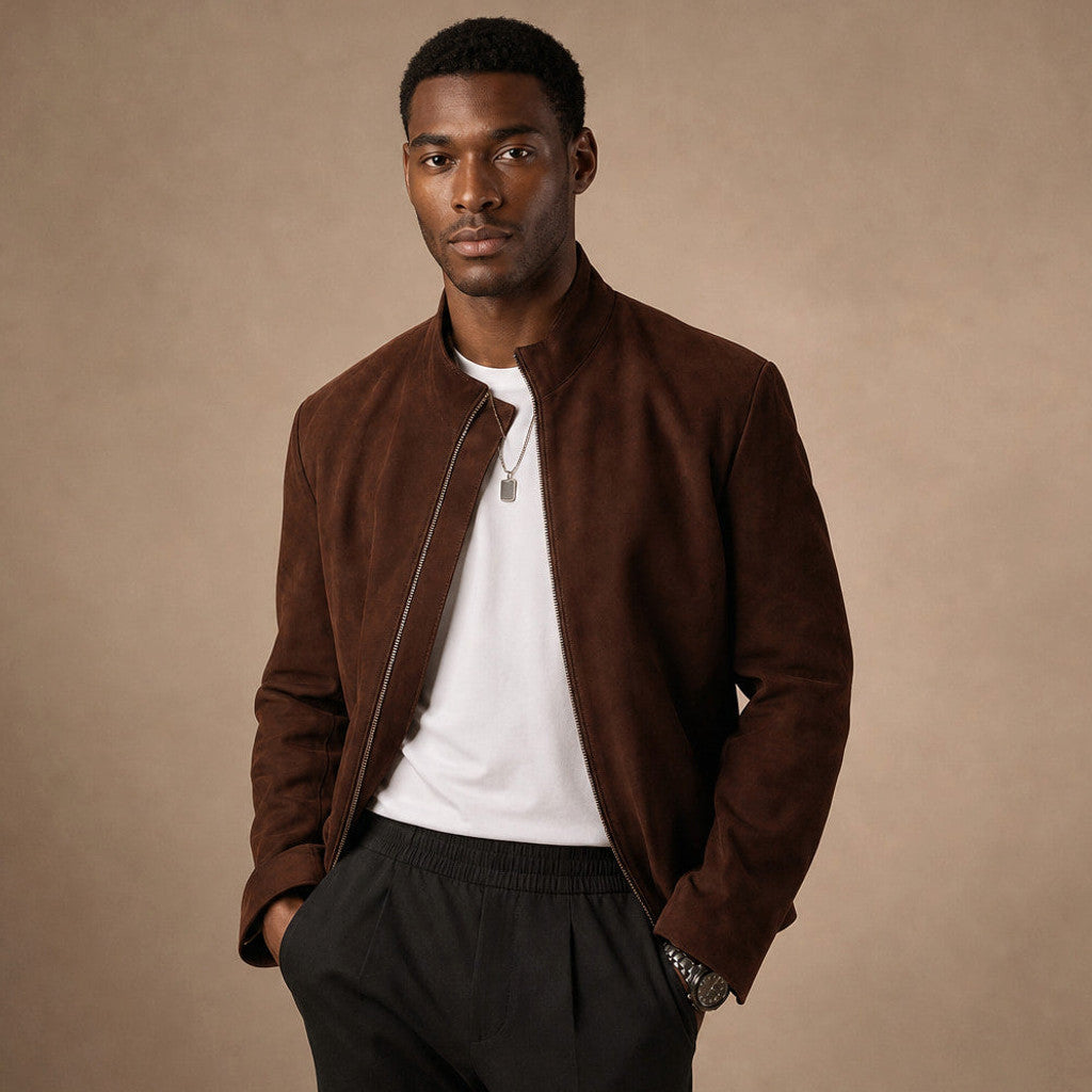Vallis | Biker Jacket Suede Dark Brown – Product Photo