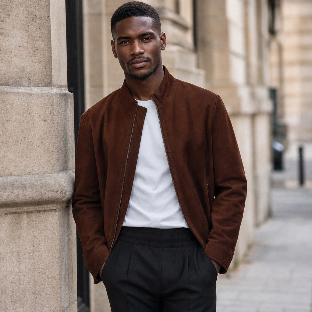 Vallis | Biker Jacket Suede Dark Brown – Styled Editorial Shot