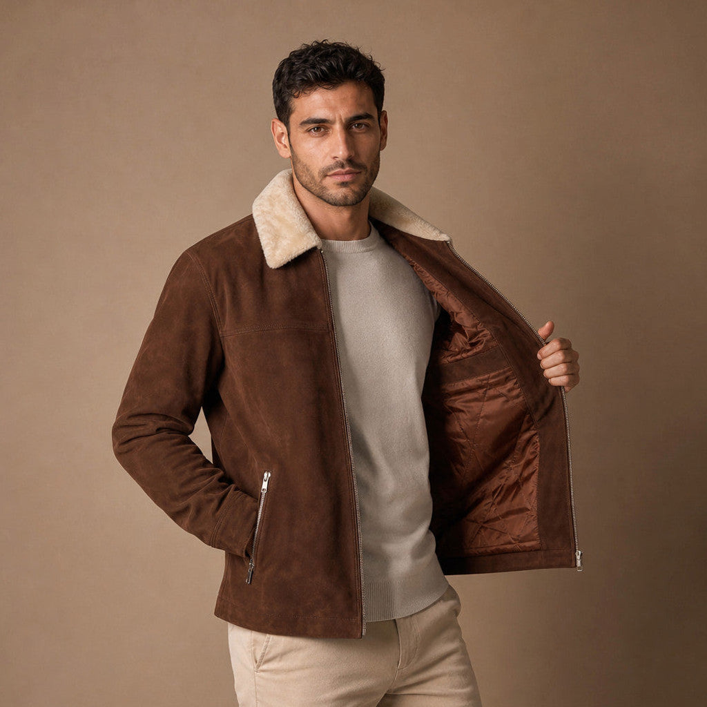 Vandrel | Shearling Biker Jacket Dark Brown – Side Angle View