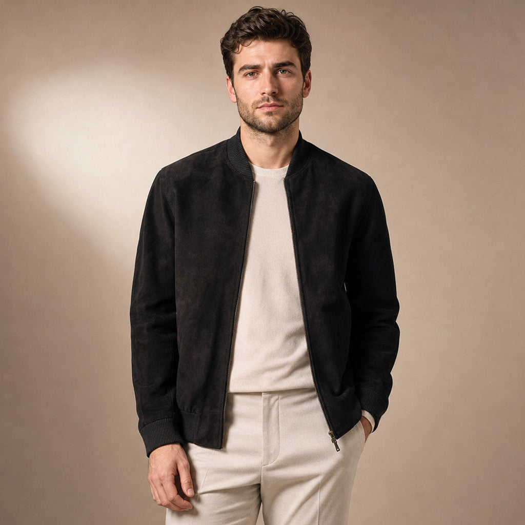 Varlen | Suede Bomber Jacket Rib-Knit Collar Black – Product Photo