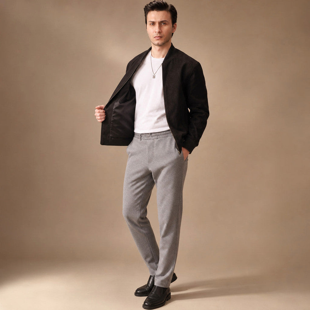 Varlen | Suede Bomber Jacket Rib-Knit Collar Black Black – Side Angle View