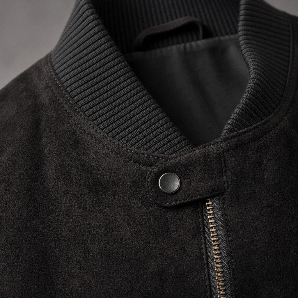 Varlen | Suede Bomber Jacket Rib-Knit Collar Black Black – Fabric and Detail Close-Up