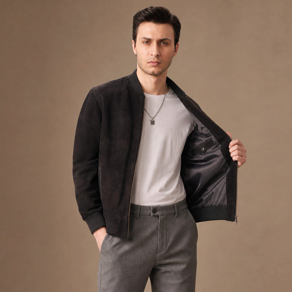 Varlen | Suede Bomber Jacket Rib-Knit Collar Black in Black – Premium Editorial