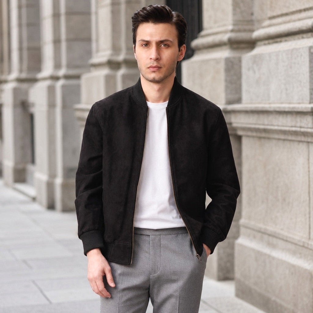 Varlen | Suede Bomber Jacket Rib-Knit Collar Black Black – Styled Editorial Shot