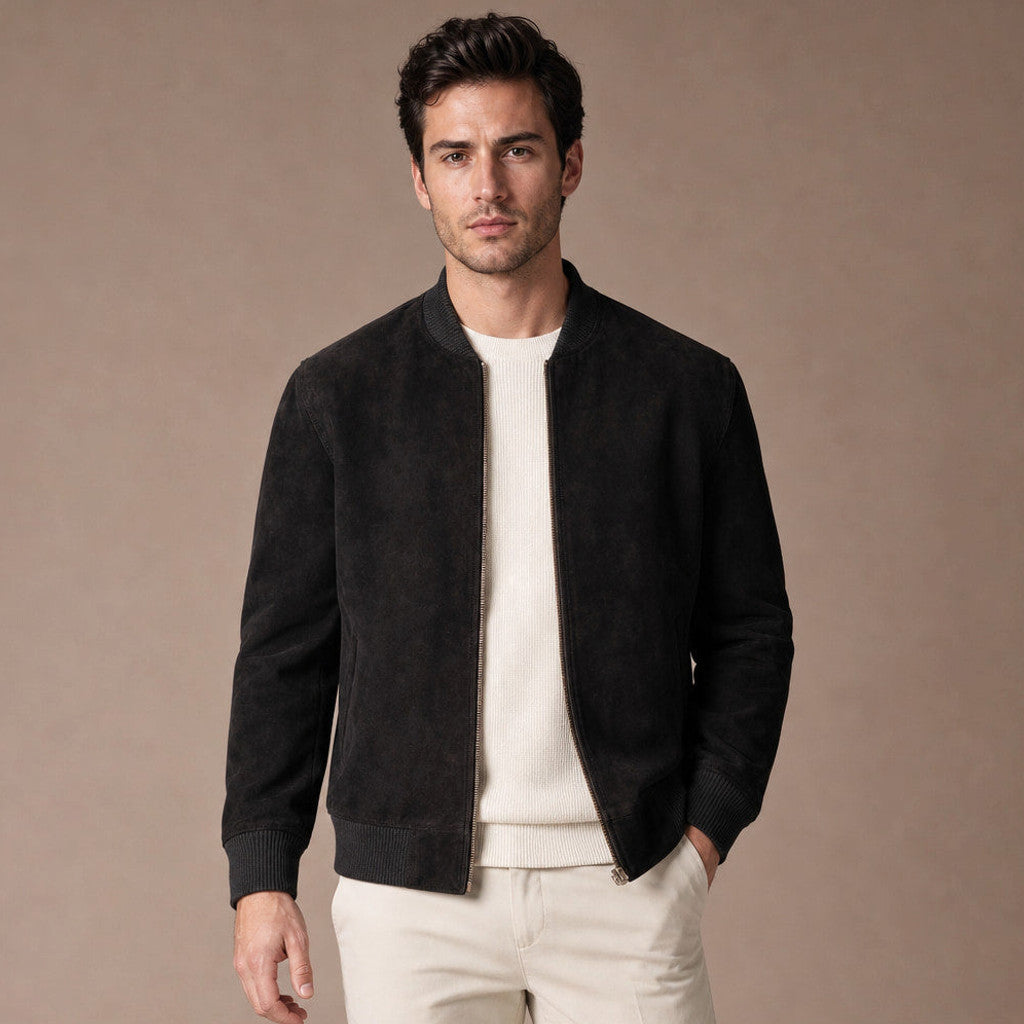 Varlen | Suede Bomber Jacket Rib-Knit Collar Black – Product Photo