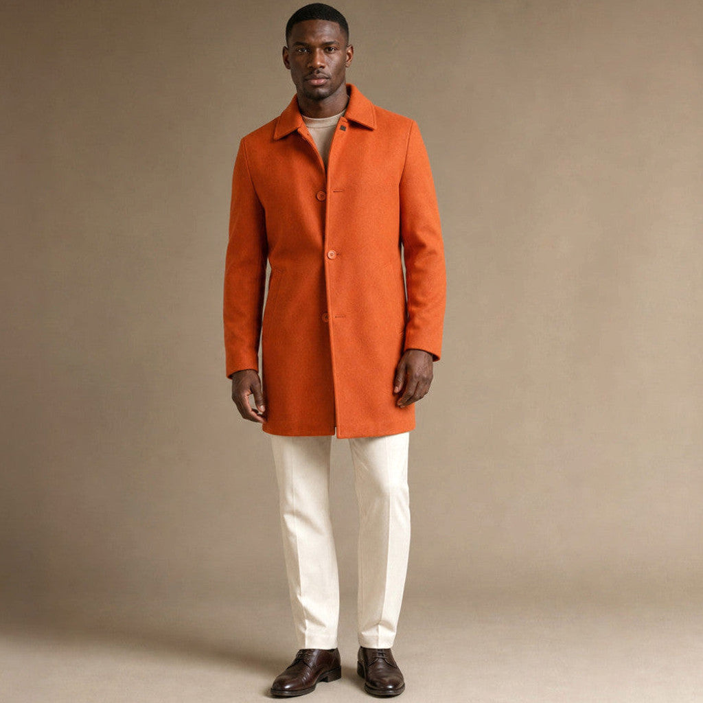Burnt orange wool car coat, single-breasted with notched lapel