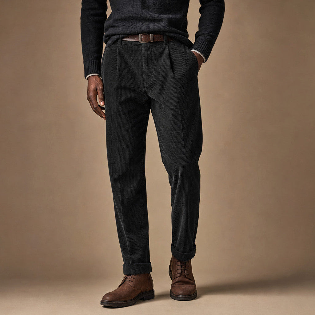 Velcor | Corduroy Trousers Pleated Front Black – Product Photo