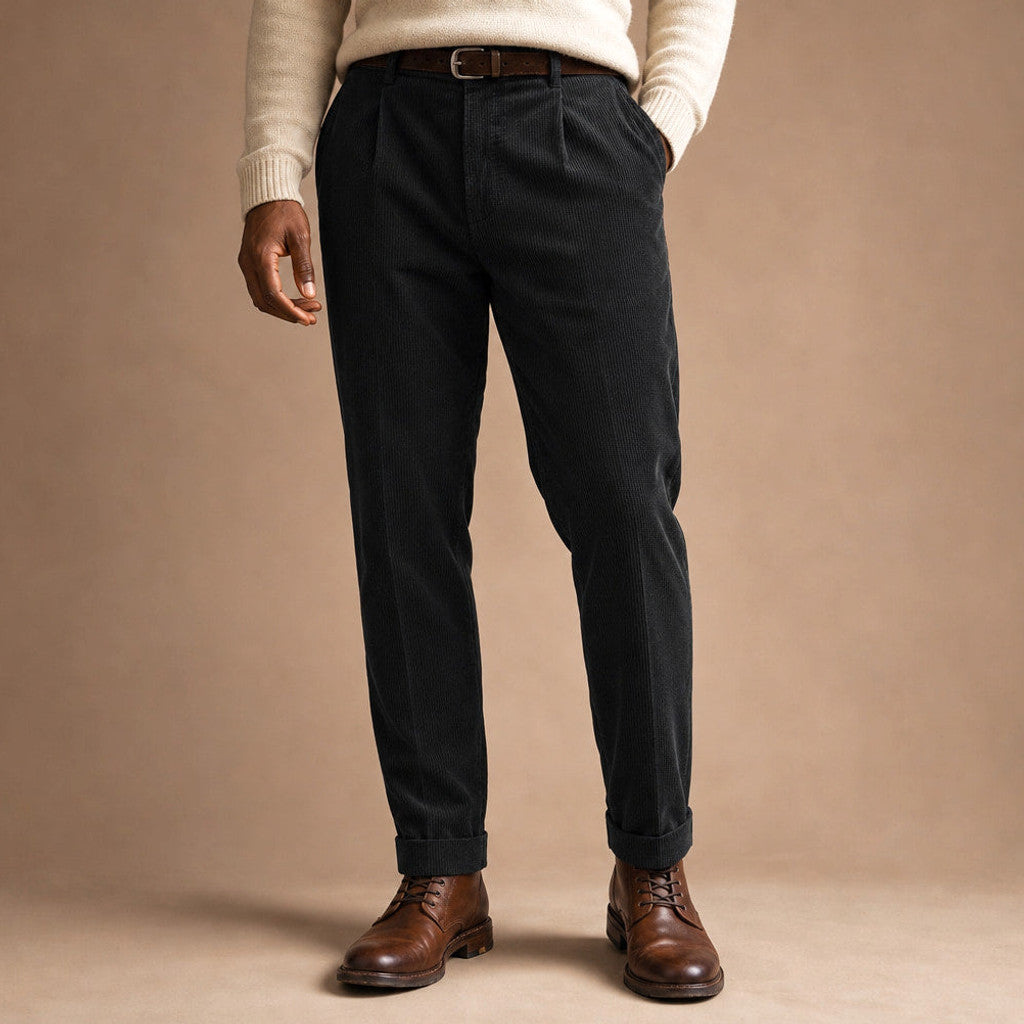 Velcor | Corduroy Trousers Pleated Front in Black – Premium Editorial