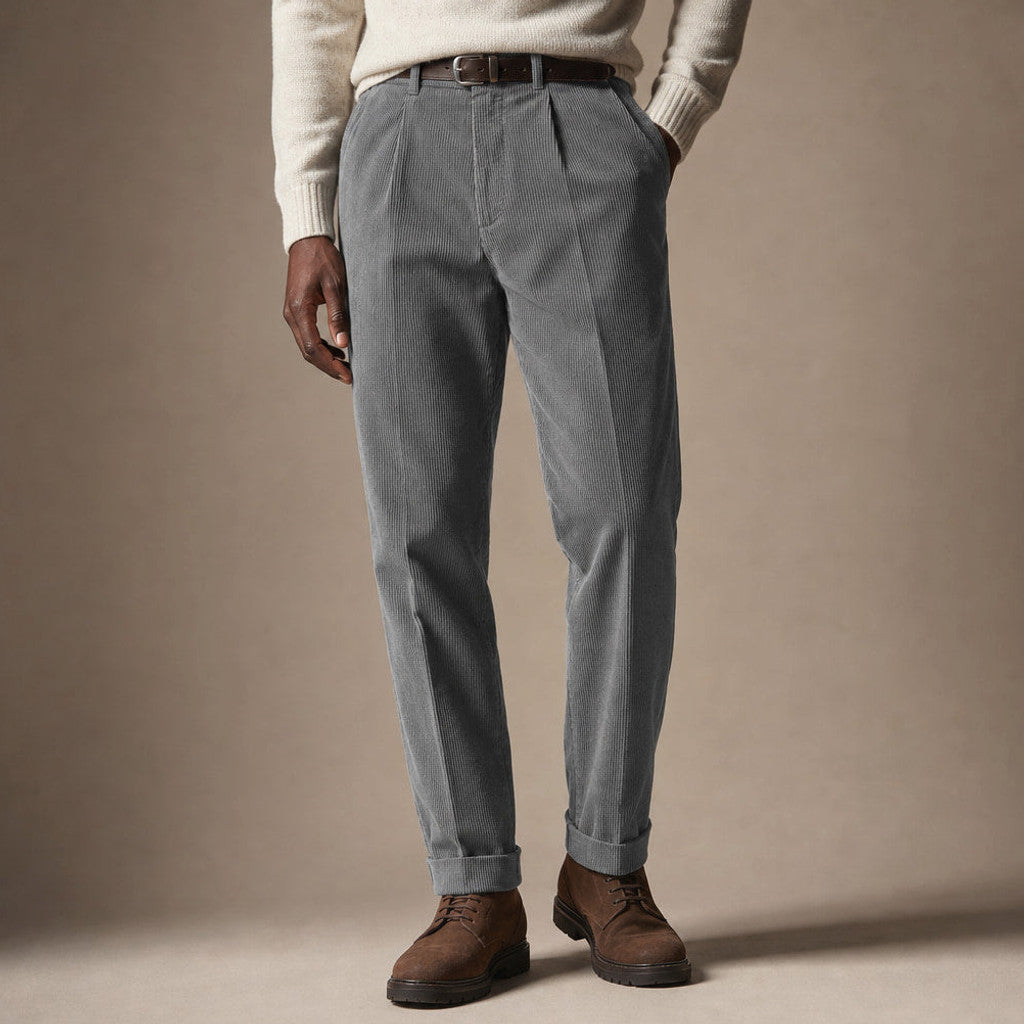 Velcor | Corduroy Trousers Pleated Front Grey – Product Photo