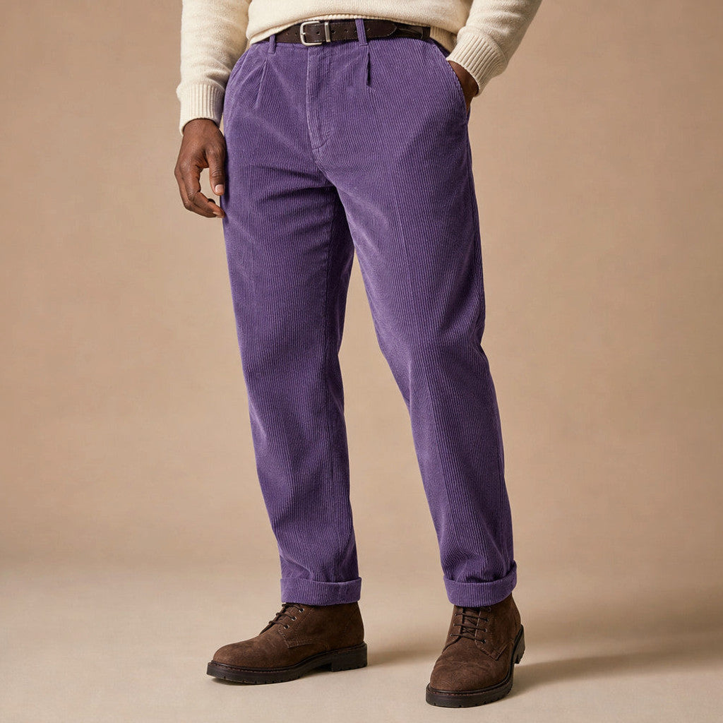 Velcor | Corduroy Trousers Pleated Front Purple – Side Angle View