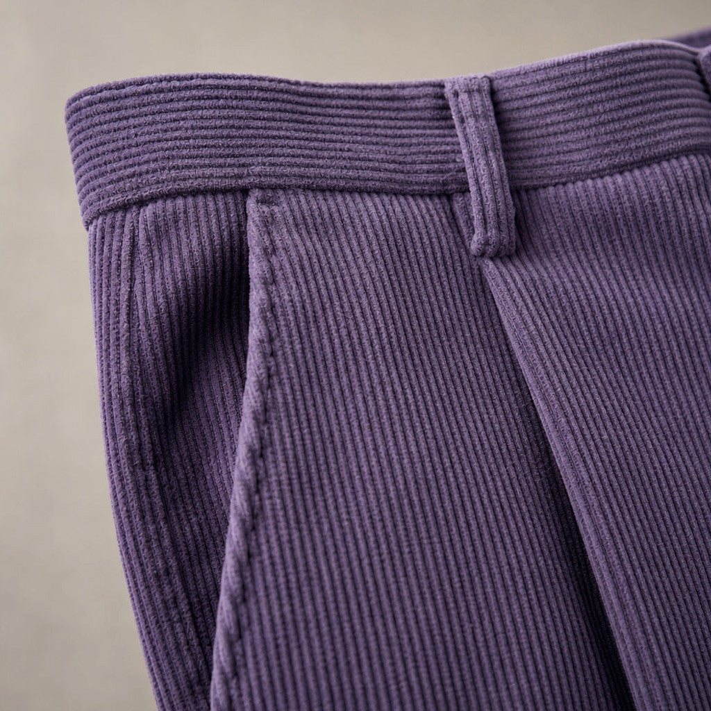 Velcor | Corduroy Trousers Pleated Front Purple – Fabric and Detail Close-Up