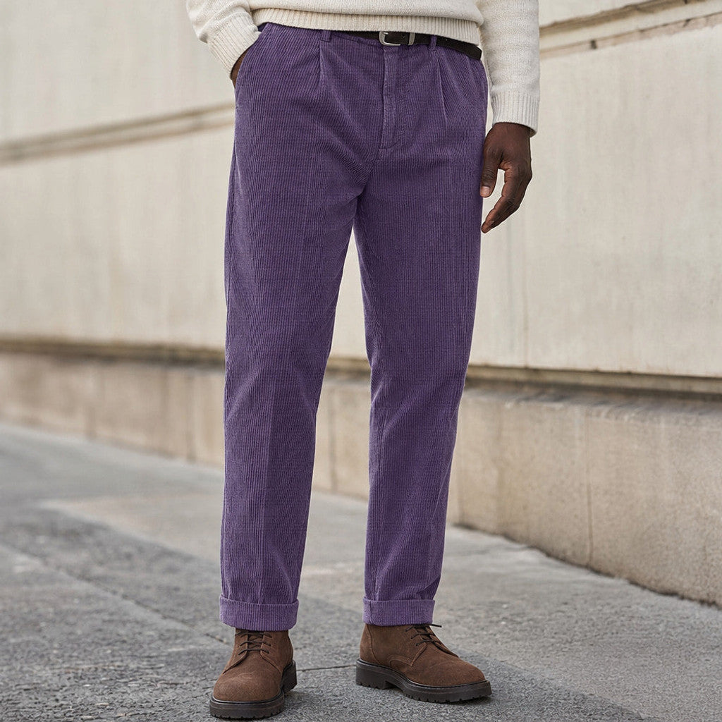 Velcor | Corduroy Trousers Pleated Front Purple – Styled Editorial Shot