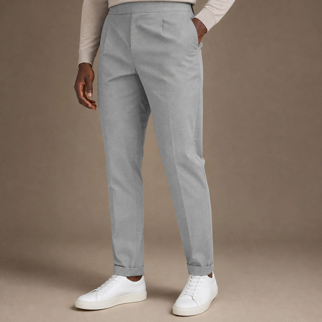 Velden | Dress Trousers Pleated Front Cuffed Hem Light Gray – Side Angle View