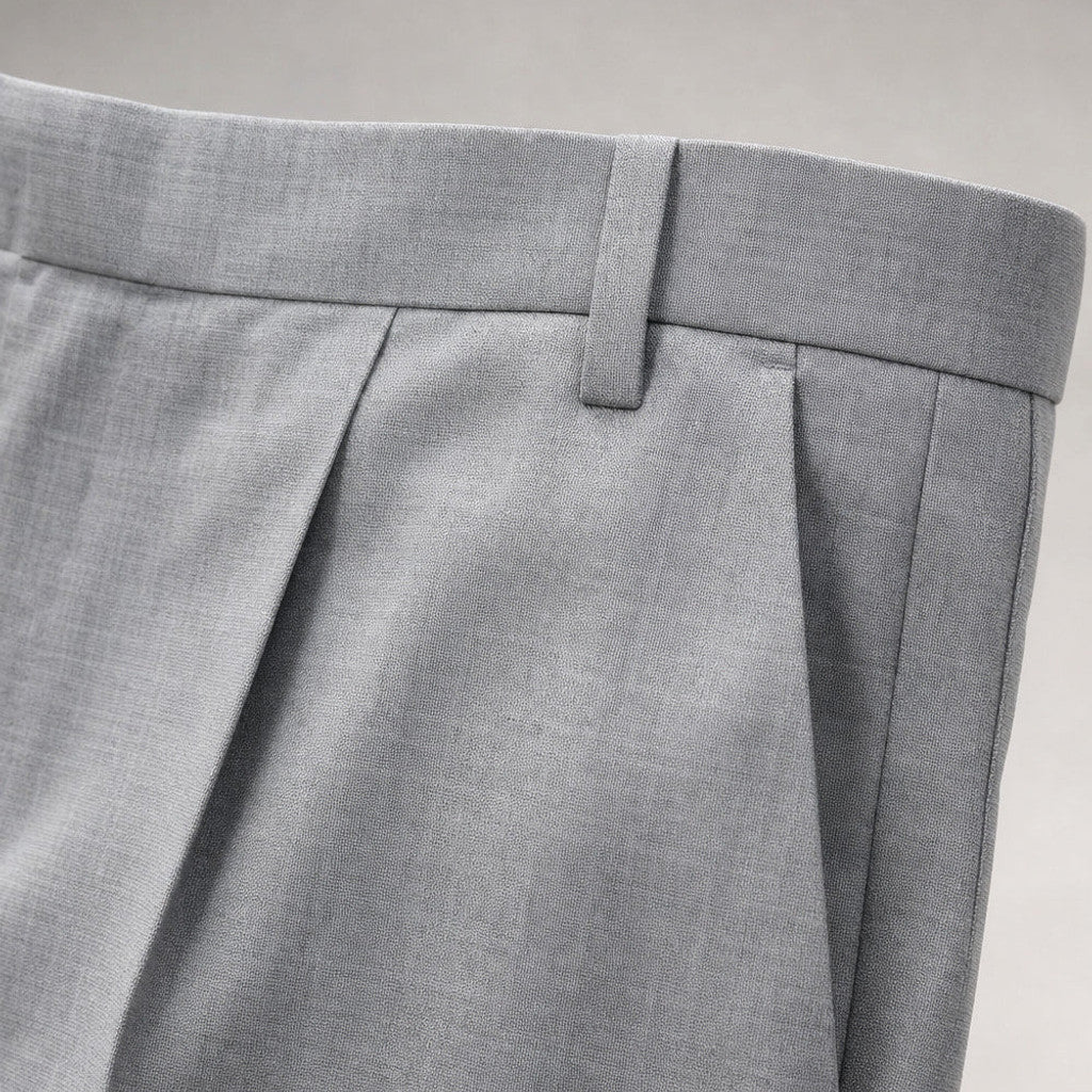 Velden | Dress Trousers Pleated Front Cuffed Hem Light Gray – Fabric and Detail Close-Up