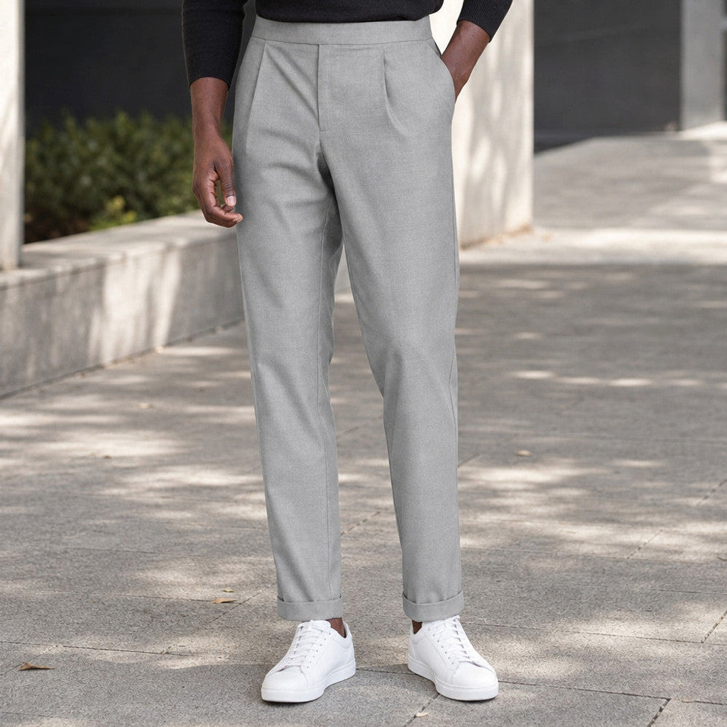 Velden | Dress Trousers Pleated Front Cuffed Hem Light Gray – Styled Editorial Shot