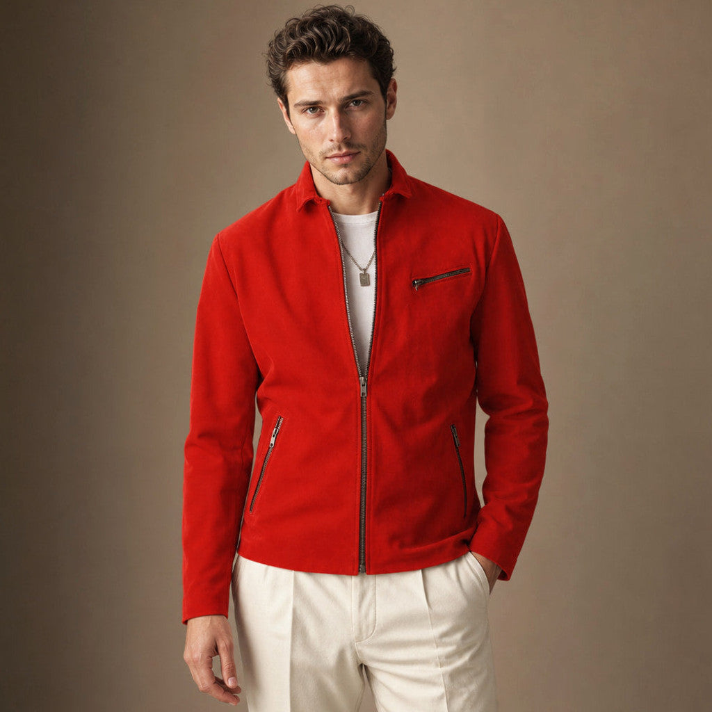 Veldon | Suede Biker Jacket Red – Product Photo