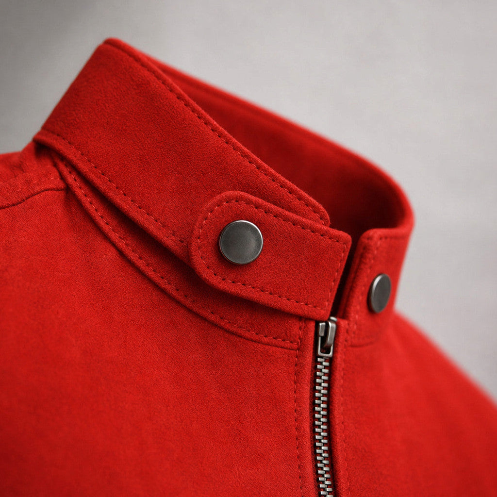 Veldon | Suede Biker Jacket Red Red – Fabric and Detail Close-Up