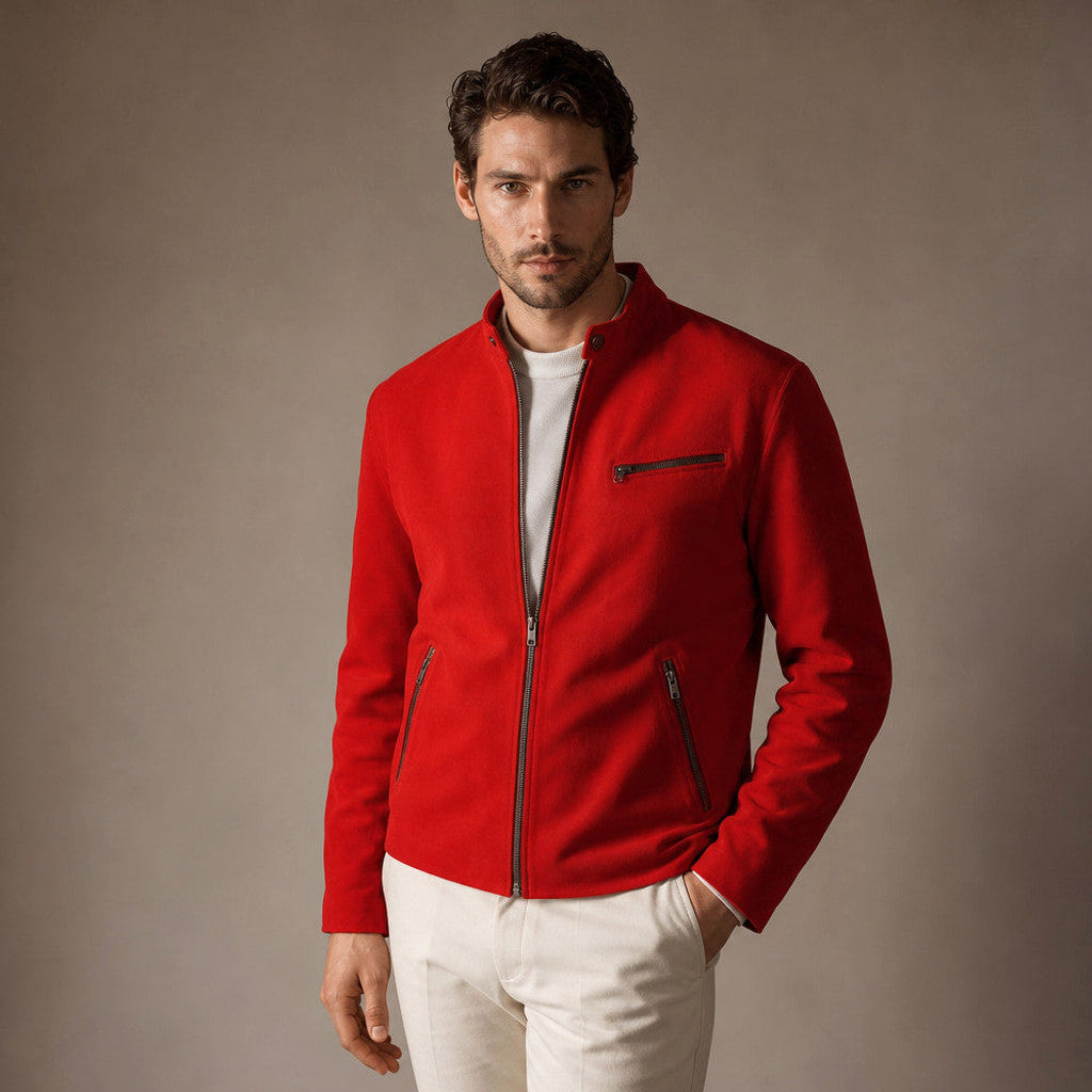 Veldon | Suede Biker Jacket Red – Product Photo