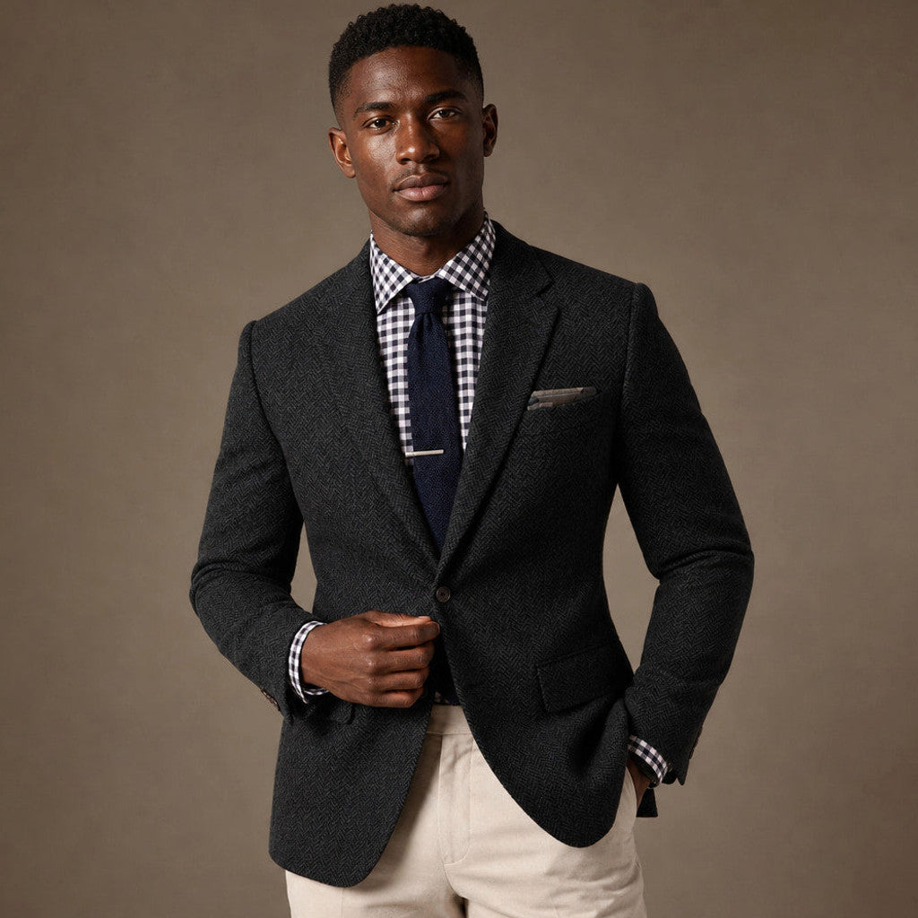 Veldran | Herringbone Blazer Slim Fit in Black – Premium Editorial