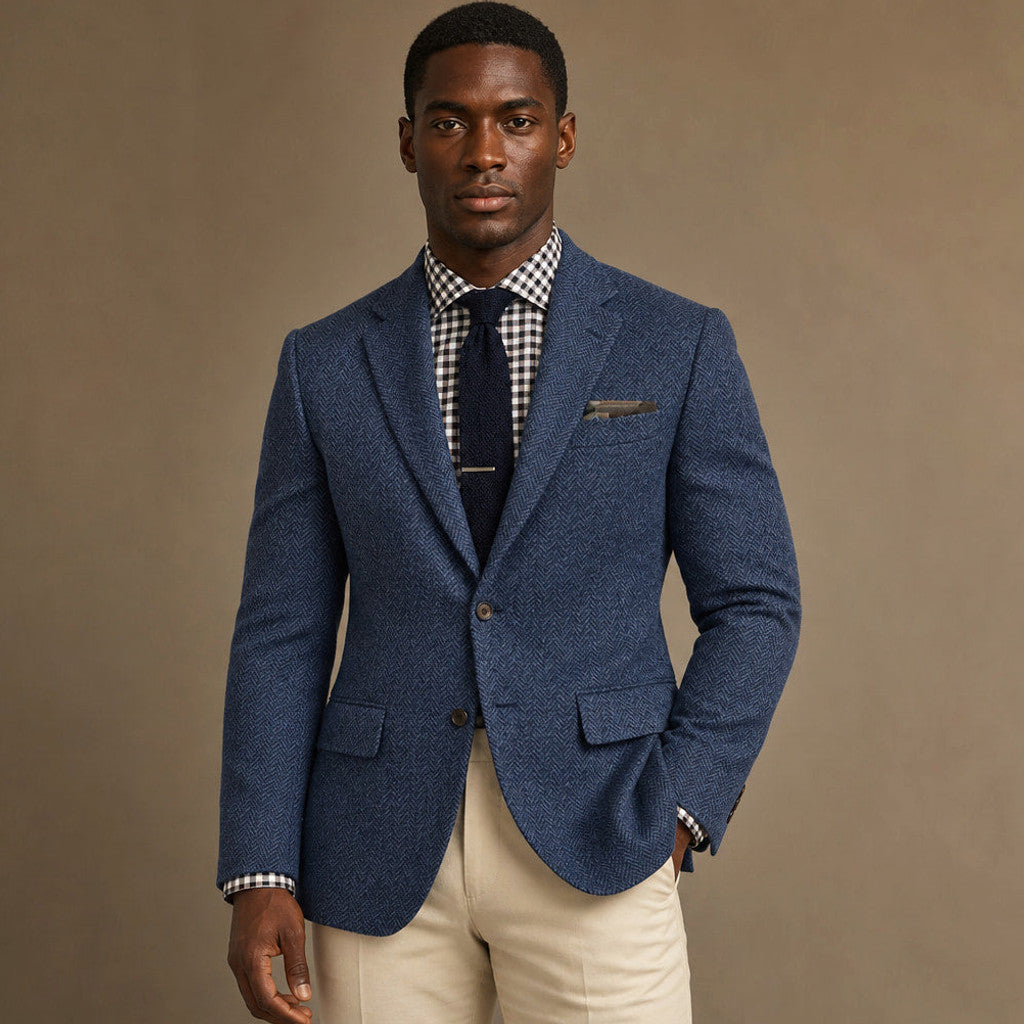 Veldran | Herringbone Blazer Slim Fit in Blue – Premium Editorial
