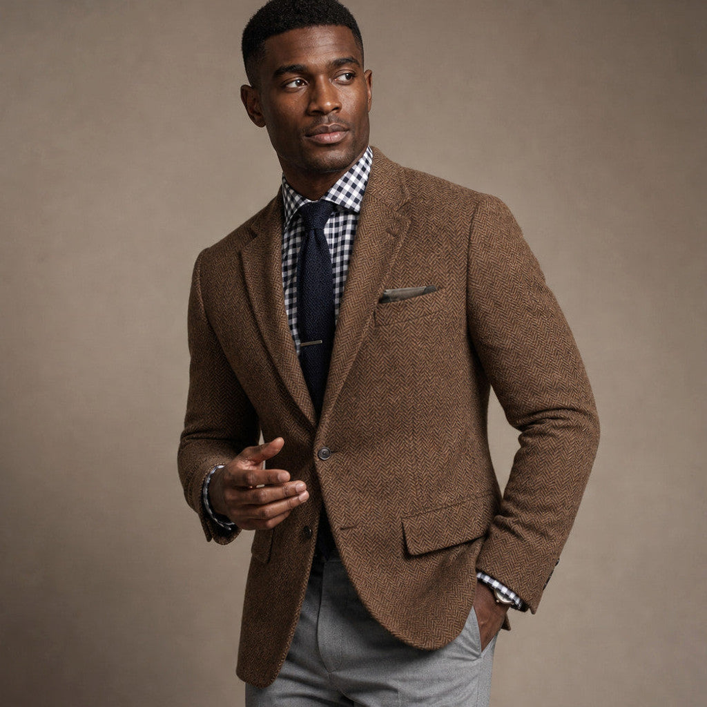 Veldran | Herringbone Blazer Slim Fit Brown – Side Angle View