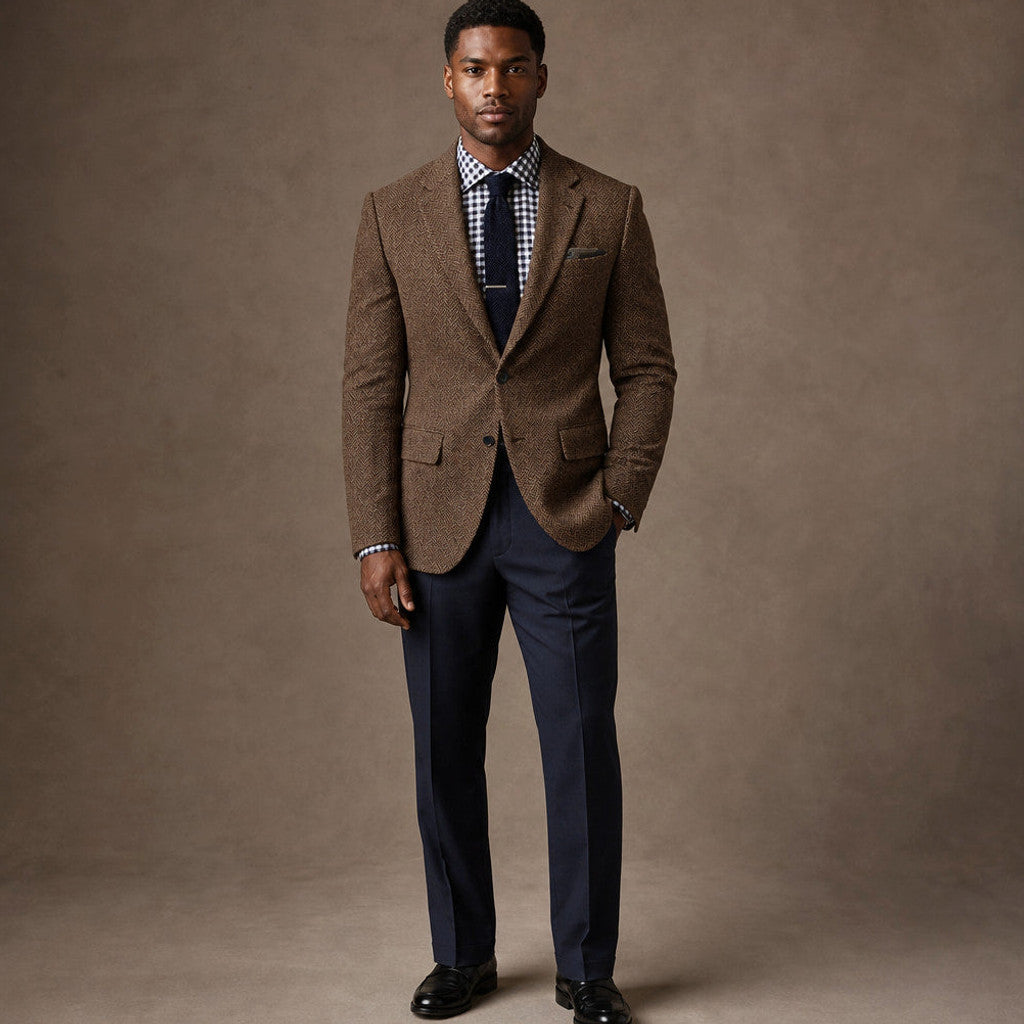 Veldran | Herringbone Blazer Slim Fit Brown – Full Look