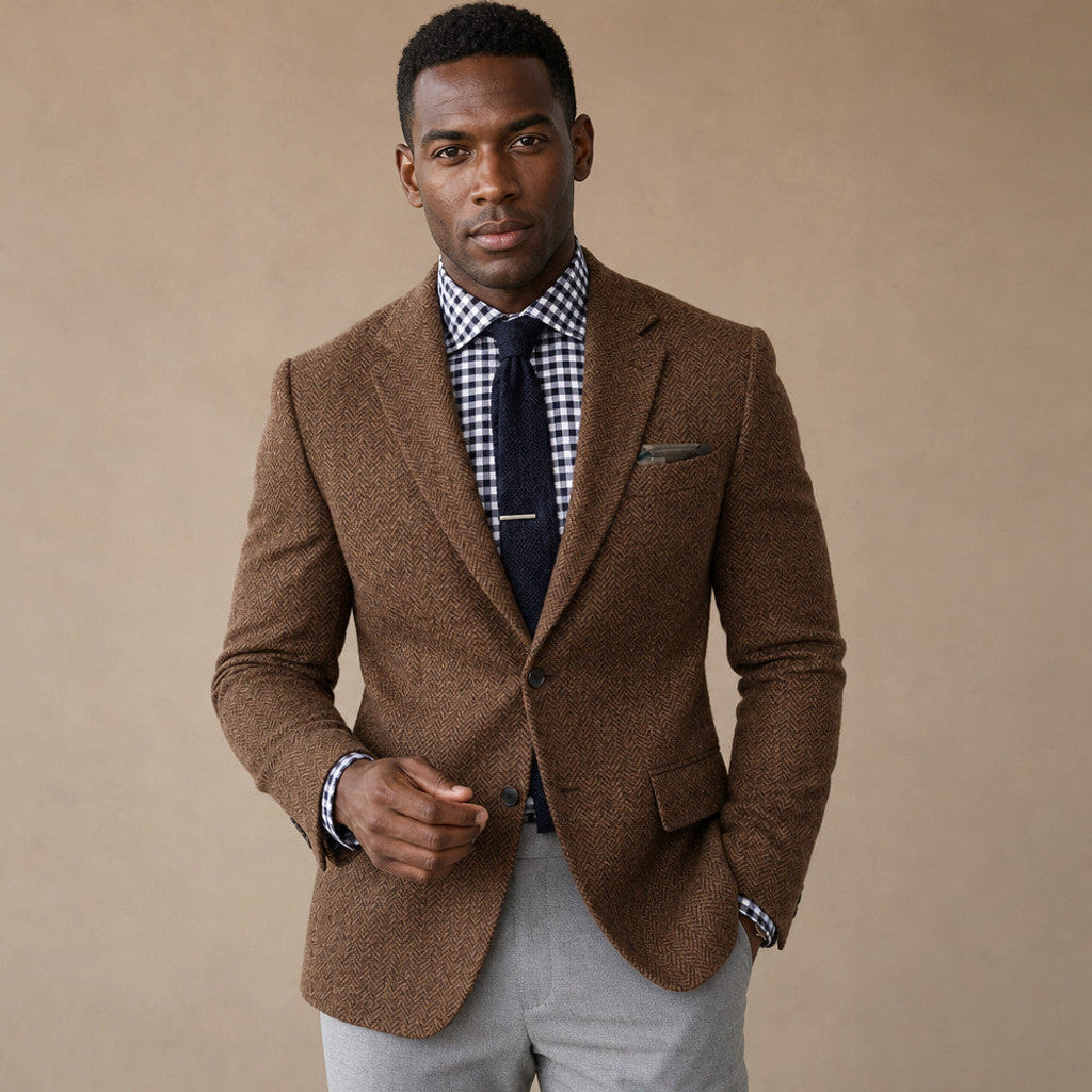 Veldran | Herringbone Blazer Slim Fit in Brown – Premium Editorial