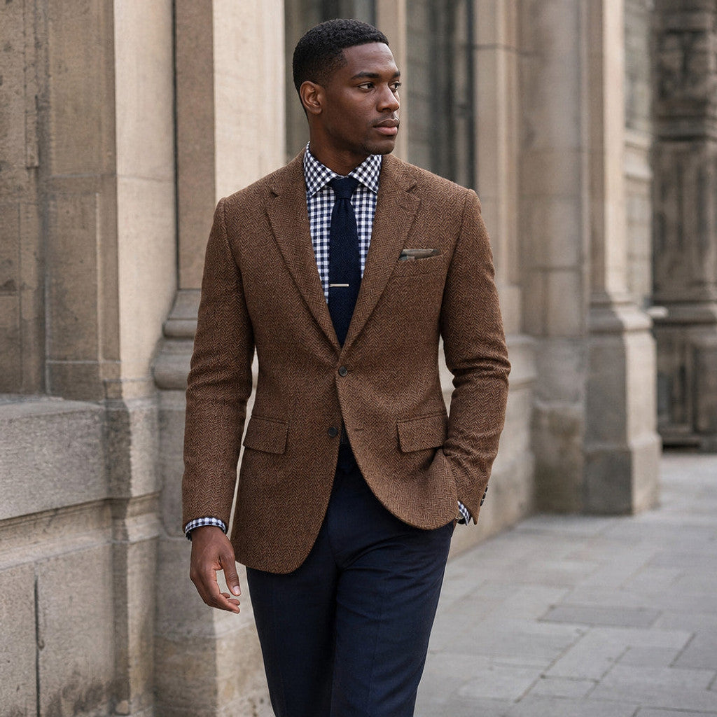 Veldran | Herringbone Blazer Slim Fit Brown – Styled Editorial Shot