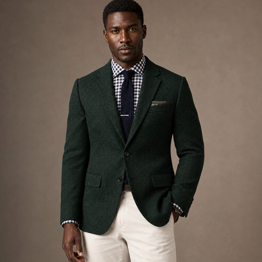 Veldran | Herringbone Blazer Slim Fit in Dark Green – Premium Editorial