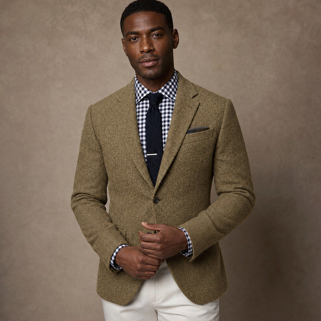Veldran | Herringbone Blazer Slim Fit Khaki – Product Photo