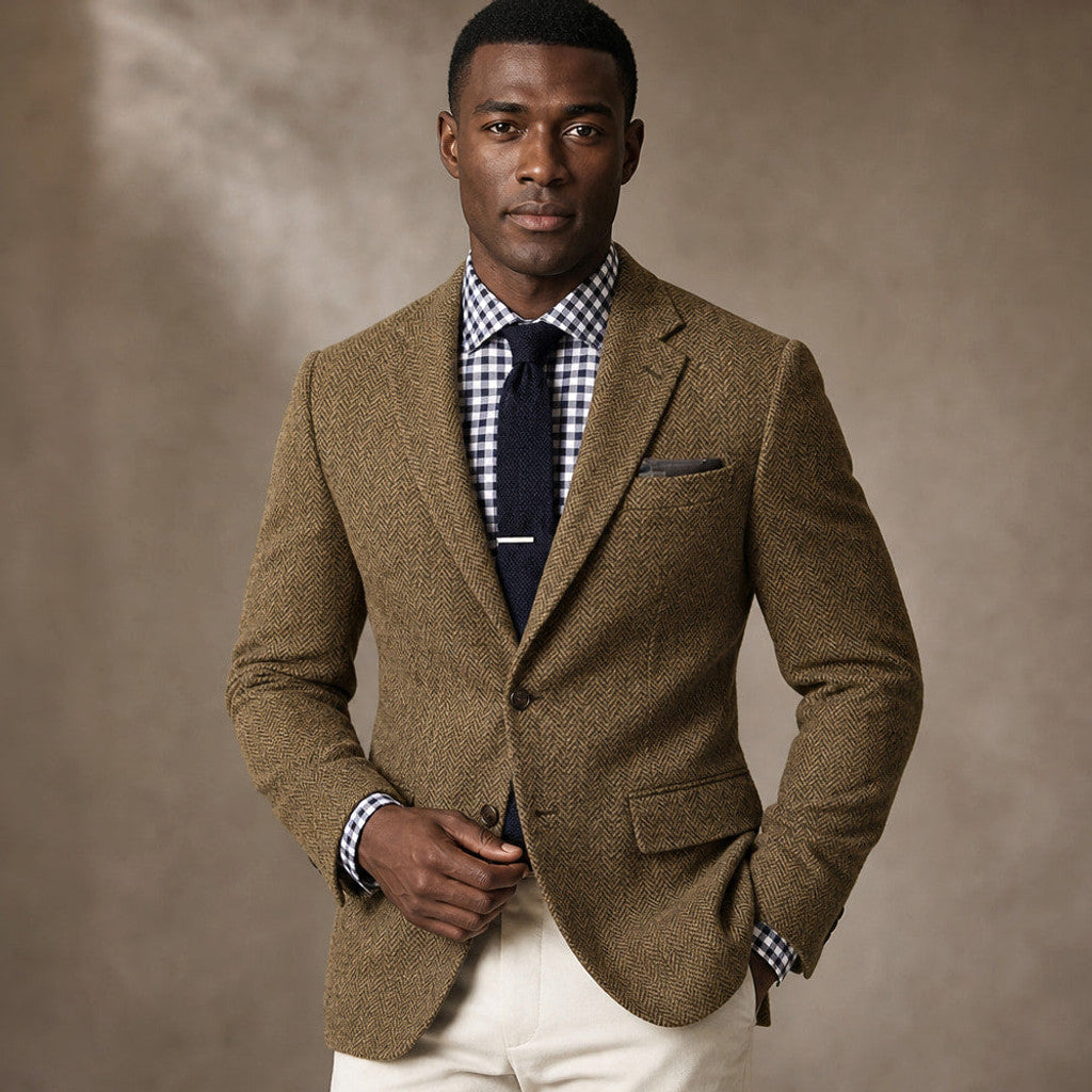 Veldran | Herringbone Blazer Slim Fit in Khaki – Premium Editorial