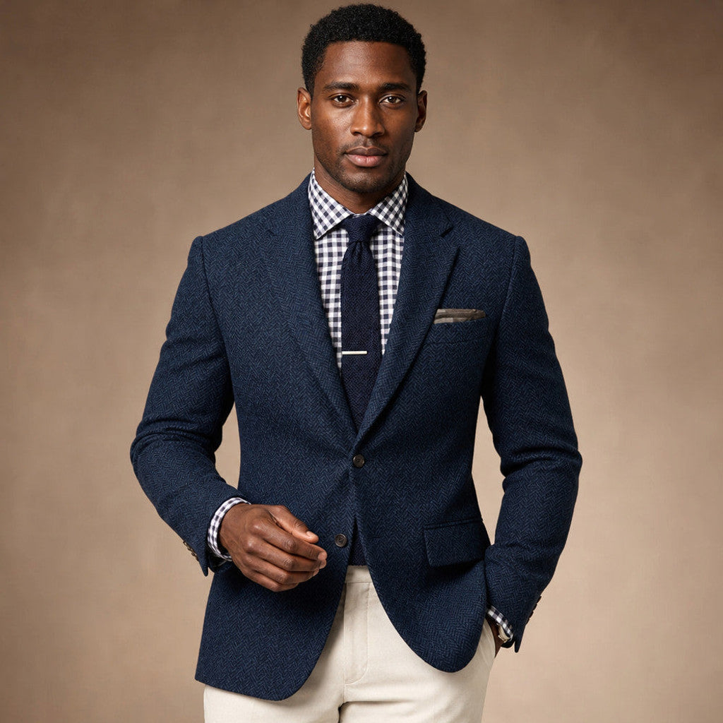 Veldran | Herringbone Blazer Slim Fit in Navy – Premium Editorial