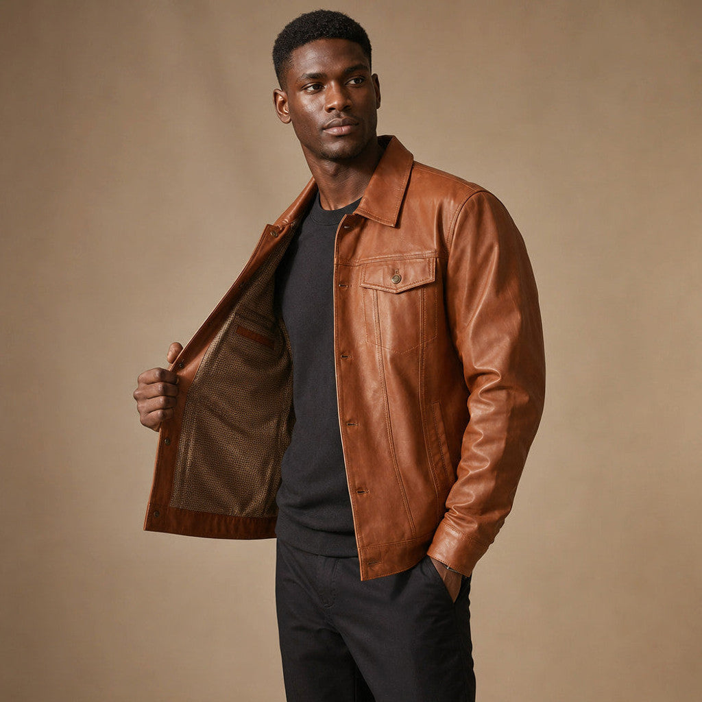 Veldric | Leather Trucker Jacket Sheepskin Sienna Brown – Side Angle View