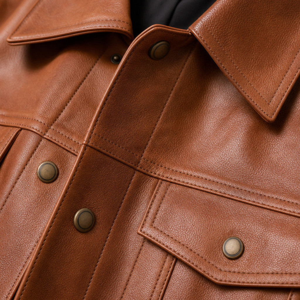 Veldric | Leather Trucker Jacket Sheepskin Sienna Brown – Fabric and Detail Close-Up