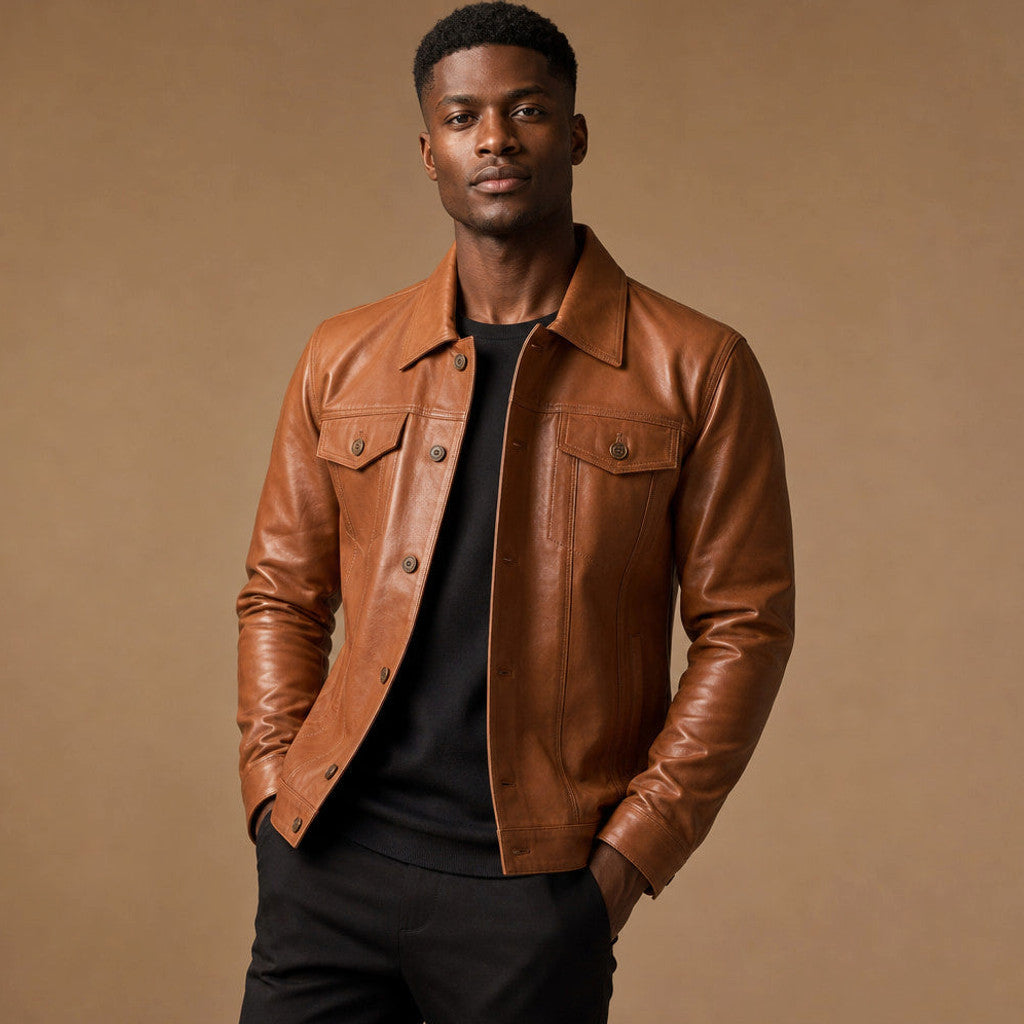 Veldric | Leather Trucker Jacket Sheepskin Sienna Brown – Product Photo