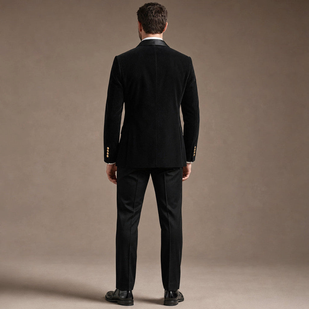 Velmar | Velvet Tuxedo Jacket Shawl Lapel Double Breasted Black – Side Angle View