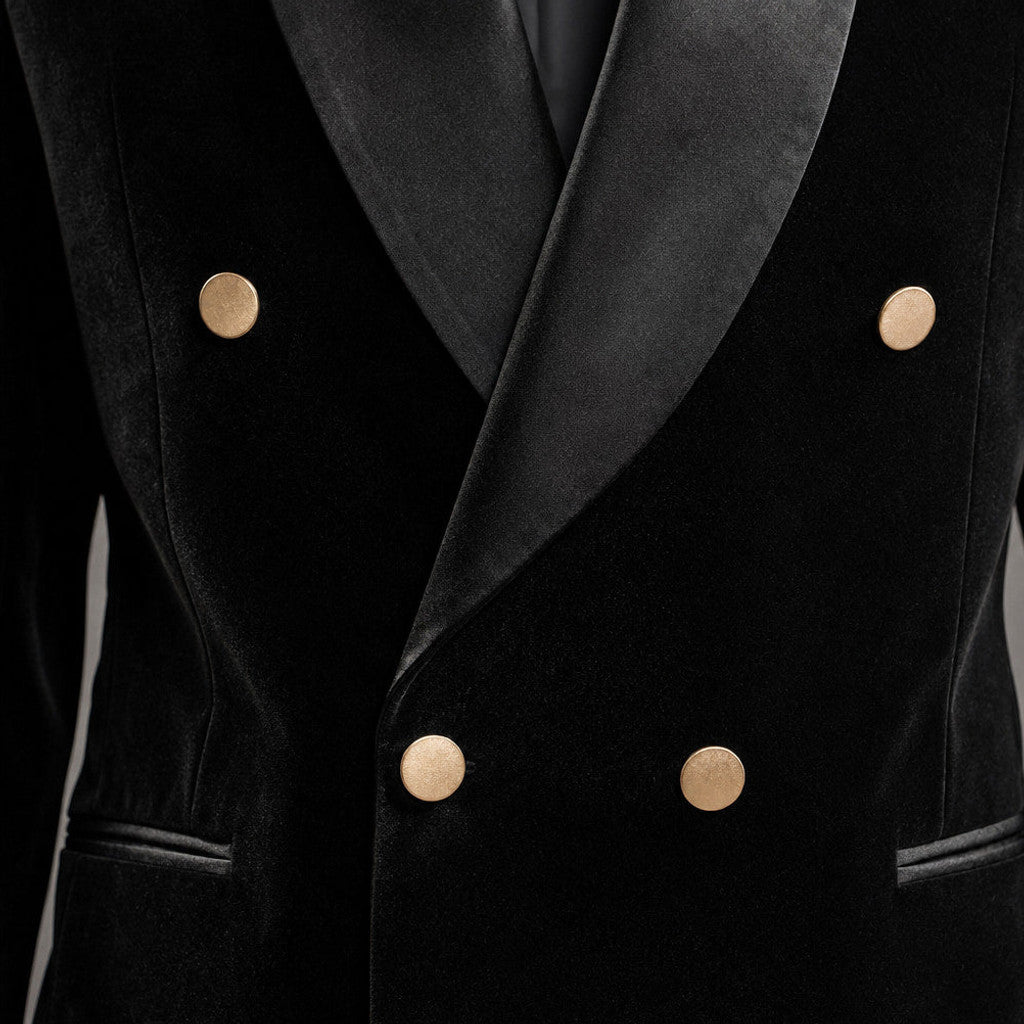 Velmar | Velvet Tuxedo Jacket Shawl Lapel Double Breasted Black – Fabric and Detail Close-Up