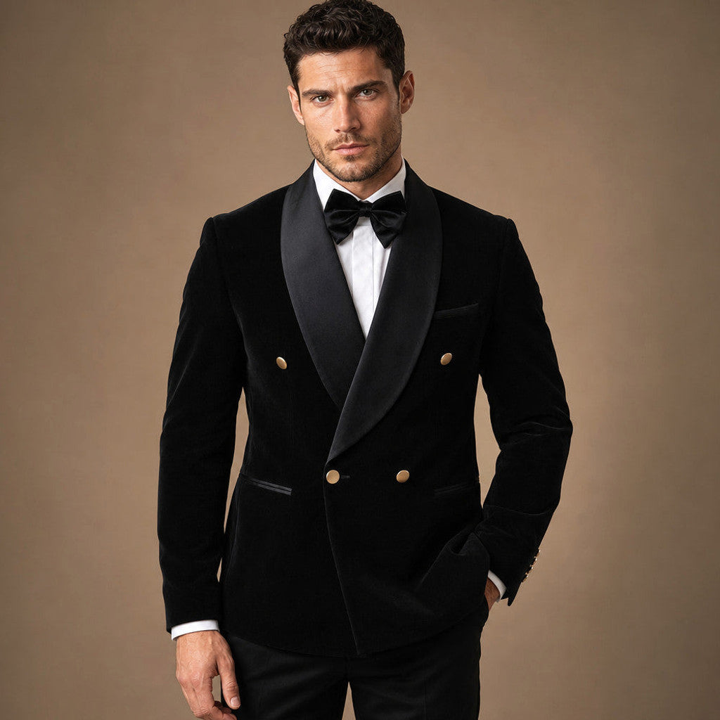 Velmar | Velvet Tuxedo Jacket Shawl Lapel Double Breasted Black – Full Look