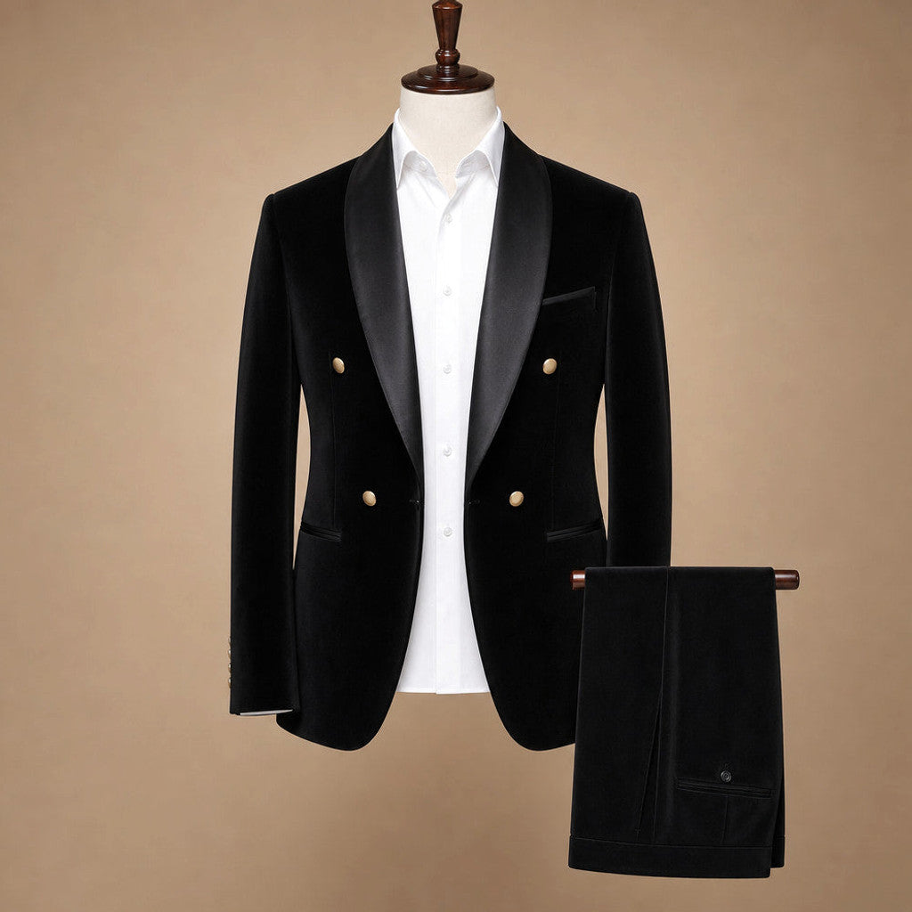 Velmar | Velvet Tuxedo Jacket Shawl Lapel Double Breasted Black – Product Photo
